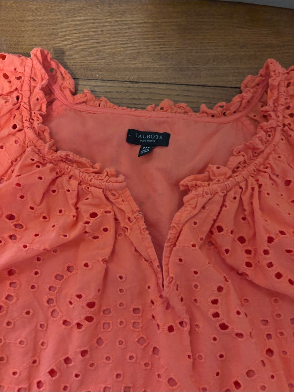 Talbots Bright Coral Eyelet V-Neck Short Sleeve Top - Picture 6 of 7